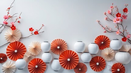 Poster - Decorative Japanese paper lanterns and cherry blossom branches on a minimalist white background creating a serene and festive atmosphere.
