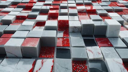 Poster - Abstract mosaic of interspersed white red and gray marble cubes arranged in a dynamic pattern creating a vibrant textured surface design.