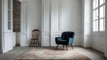 Poster - Minimalist interior design showcasing a spacious white room with two stylish chairs and natural light streaming through large windows.