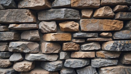Poster - Textured stone wall with stacked natural rocks in earthy tones ideal for backgrounds or construction concepts