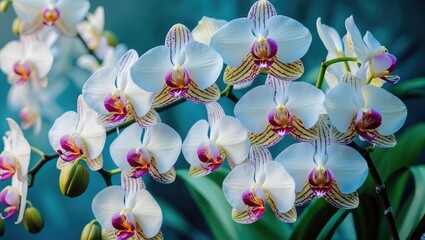 Poster - Close-up of blooming white orchids showing delicate petals and vibrant colors against a serene background with ample copy space for text.
