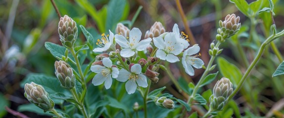 Poster - White bindweed blossoms surrounded by green foliage emerging from budding plants in a vibrant natural setting.
