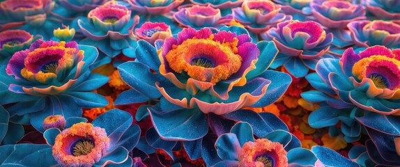 Poster - Colorful top view of vibrant flowers with intricate petal arrangements in a surreal floral display.