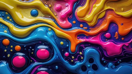 Poster - Vibrant fluid art background with colorful paint swirls and bubbles creating a dynamic abstract composition for creative projects and designs.