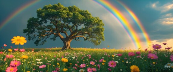 Poster - Vibrant Tree Surrounded by Colorful Wildflowers Underneath a Majestic Rainbow with Ample Space for Text Overlay