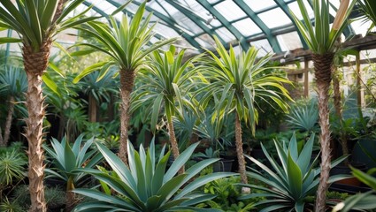 Wall Mural - tropical garden with exotic palm and succulent plants in greenhouse space for text and design elemen