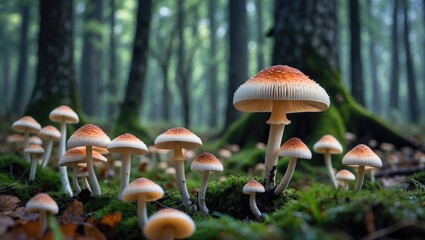 Wall Mural - forest scene featuring clusters of tiny white mushrooms with orange caps growing amongst lush green 