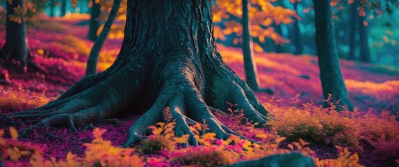 Poster - Majestic tree trunk surrounded by vibrant autumn foliage in a mystical forest setting