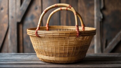 Poster - Bamboo Basket Displayed on Rustic Wooden Table with Textured Background Highlighting Artisan Craftsmanship and Traditional Design.
