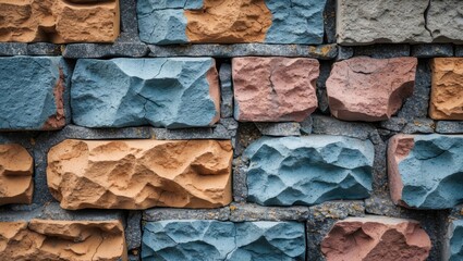 Poster - Multi-colored stone brick wall featuring textured cracks and rough surfaces in an urban architectural setting.