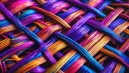 Poster - Vibrant close-up of colorful wicker basket weave texture showcasing intricate patterns and rich hues of blue, purple, and orange.