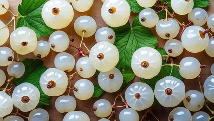 Poster - Fresh white currants with green leaves arranged on a wooden surface showcasing natural healthy food concept and top view perspective.