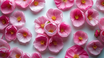 Poster - Petal pink flower petals arranged on a white background creating a delicate and fresh floral pattern for design or decoration purposes