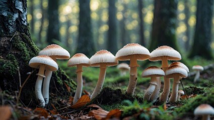 Wall Mural - delicate clusters of white mushrooms growing in a lush green forest under soft sunlight creating a s