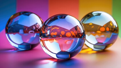Poster - Three glossy transparent marbles reflecting vibrant colors against a bright striped background in an artistic composition.