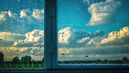 Poster - Raindrops on windowpane with vibrant sky and clouds background creating a serene atmospheric view illustrating nature's beauty.