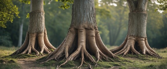 Poster - Three Unique Tree Trunks Growing From One Root System Against Lush Green Background with Space for Text or Graphics
