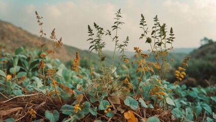 Poster - Wild Plants in Ranca Upas Landscape With Blurred Background and Space for Text Decoration or Nature-related Content