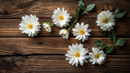 Poster - White Daisy Flowers Arrangement on Rustic Wooden Table Background Natural Aesthetic