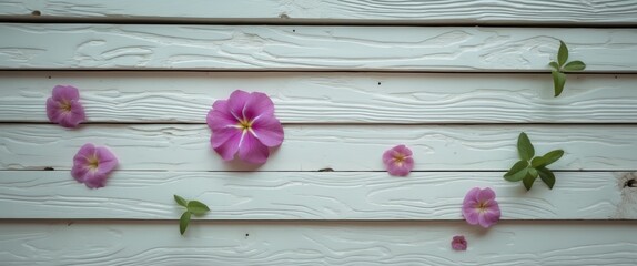 Poster - Pink flowers and green leaves scattered on white textured plywood background creating a fresh and natural decorative aesthetic.