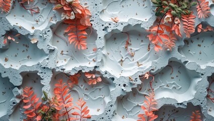 Poster - Textured white cement background with natural patterns and orange foliage accents for modern design or artistic use.