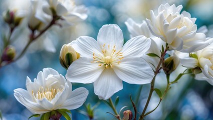 Poster - Delicate white flowers in bloom against a soft blue background showcasing their natural beauty and elegance in spring.