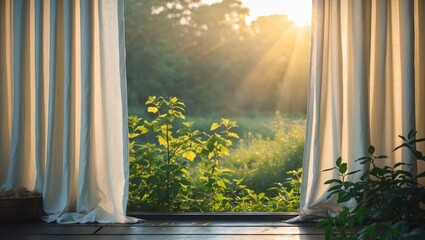 Poster - Serene morning light streaming through white curtains with a lush green nature backdrop creating a peaceful indoor ambiance.