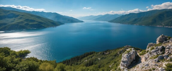 Poster - Serene Aerial View Of Tranquil Sea And Mountain Landscape Under Clear Blue Sky With Space For Text Or Branding