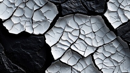 Poster - Cracked white paint texture on a dark surface creating a striking contrast for artistic and design purposes.