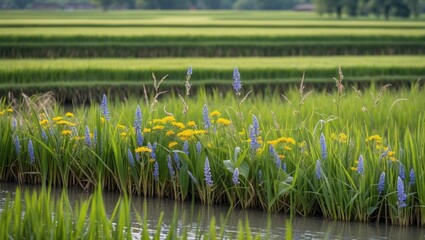Poster - Wildflowers Flourishing Amidst Lush Rice Fields Creating a Vibrant Natural Landscape