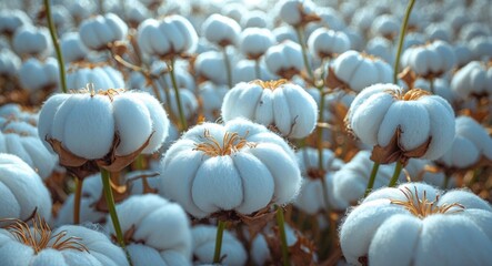 Poster - Cotton field close-up showcasing fluffy white cotton bolls with green stems under soft natural light for texture and agricultural concepts.