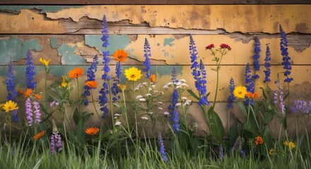 Poster - Wildflowers blooming against a rustic vintage wall in the scenic Palouse of Whitman County Washington State USA.