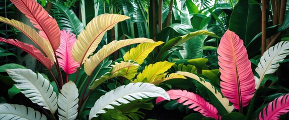 Poster - Vibrant tropical foliage featuring white green pink and yellow leaves in a lush Asian garden setting showcasing nature's beauty.