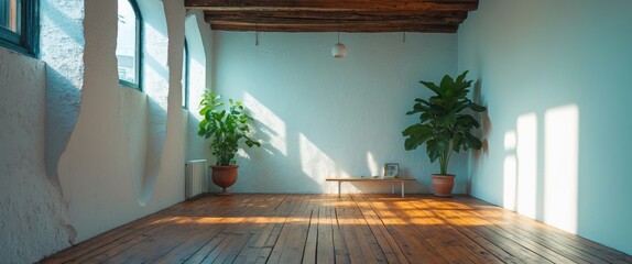 Poster - Bright and airy interior space featuring a white wall, wooden floor, and potted plants with sunlight streaming through the windows.
