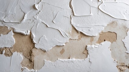 Poster - Textured wall background with peeling white paint and plaster stains, ideal for artistic or renovation-themed projects and postcards.