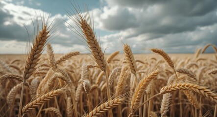 Poster - Golden Wheat Field Under Dramatic Cloudy Sky with Room for Textual Overlay in Natural Landscape Setting