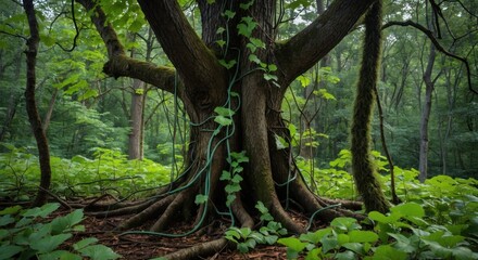 Poster - Majestic tree trunk entwined with vibrant green vines amidst lush forest foliage creating a serene natural landscape scene.