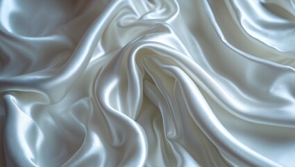 Poster - Closeup of elegant white silk satin fabric with soft ripples and smooth texture showcasing luxury and sophistication for backgrounds or designs.