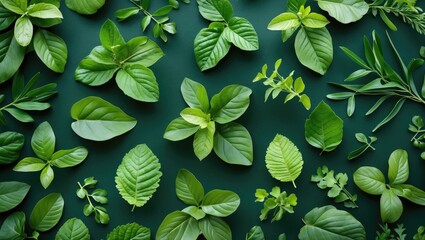 Poster - Top view of diverse fresh green leaves arranged on a dark green background showcasing nature's beauty and vibrant foliage.