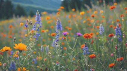 Poster - Vibrant Wildflower Meadow with Colorful Blooms and Blurred Background Perfect for Nature Lovers and Travel Themes with Copy Space for Text