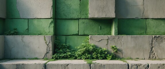 Poster - Concrete wall with green accents and creeping foliage, showcasing nature's reclaiming touch on urban structures.
