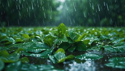 Poster - Lush green leaves glistening with raindrops under soft rain creating a tranquil forest atmosphere in nature.