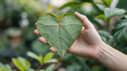 Poster - Heart-shaped green leaf held in hand surrounded by lush garden foliage with space for text or messages in a botanical theme.