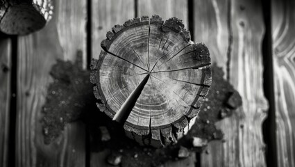 Poster - Tree stump from a top view showcasing detailed wood grain against a wooden backdrop in a striking black and white monochrome format.