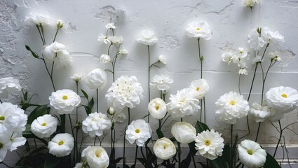 Poster - White flowers blooming against a textured white wall creating a serene and elegant atmosphere for decor or floral themes.