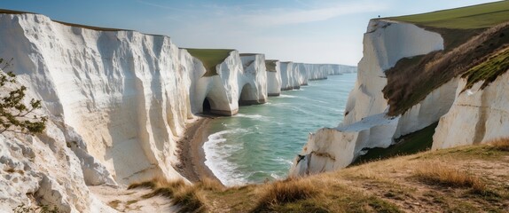 Poster - Stunning panoramic view of white chalk cliffs overlooking the serene ocean under a clear blue sky, ideal for nature and travel themes.