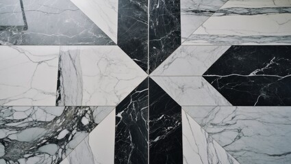 Poster - Geometric patterns of black and white marble flooring showcasing elegant design and texture in contemporary architecture