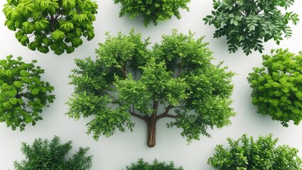 Poster - Diverse green trees viewed from above for landscape design concepts on a clean white background ideal for nature and environmental projects.