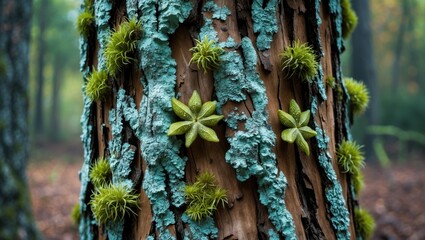 Poster - Tree trunk adorned with vibrant lichen and green star moss in a tranquil forest setting during the morning light