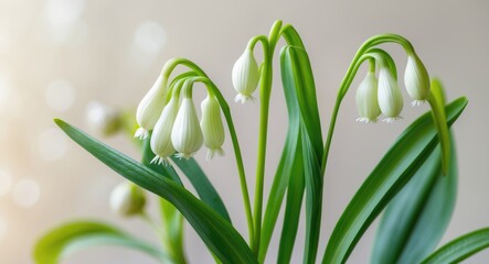 Poster - Delicate wild garlic flowers with soft bokeh background and ample empty space for text overlay in a serene botanical setting.